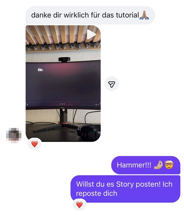 Instagram-Nachricht: danke dir wirklich für das Tutorial, dazu ein selbst gebautes Video